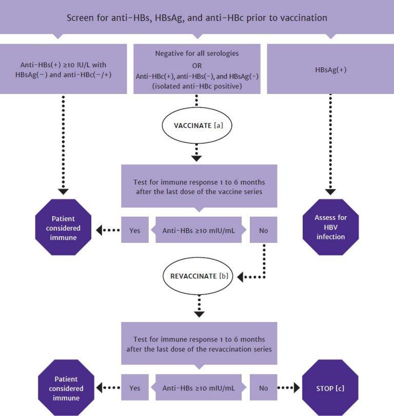 Flowchart showing appropriate hepatitis B virus vaccination in patients with HIV based on results of screening tests (hepatitis B surface antibody, hepatitis B surface antigen, and hepatitis B core antibody), and revaccination based on immune response.